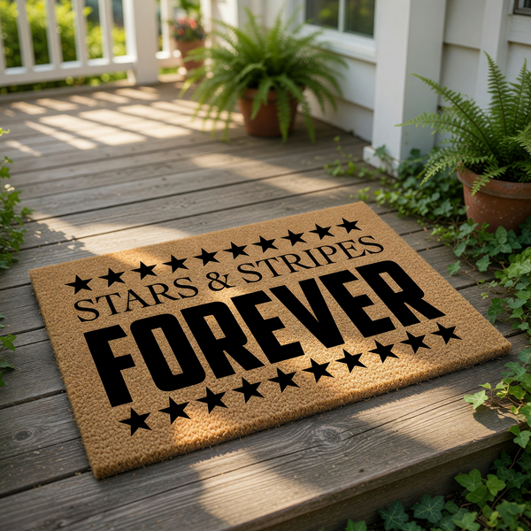 Stars and Stripes Forever patriotic doormat, a natural coir fiber welcome mat featuring black printed text and star accents for a rustic front porch decor look that celebrates American pride and seasonal outdoor home entry style.