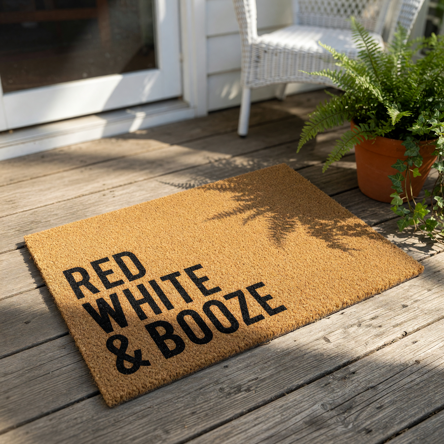 Red White and Booze coir doormat featuring bold black text on a natural fiber welcome mat, perfect for a funny front porch decor piece or a patriotic outdoor entrance rug for your home or apartment entryway.