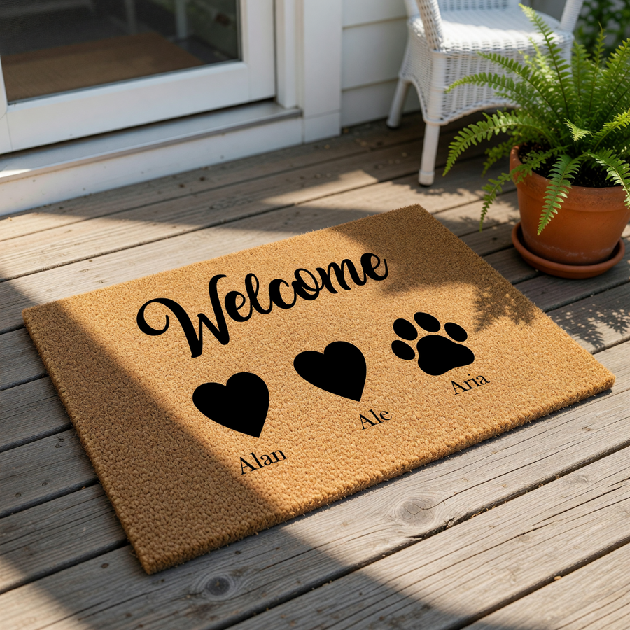 Personalized welcome doormat with two black hearts and a paw print design, featuring custom text on a natural coir fiber mat for a stylish front porch entry, perfect for pet lovers and family home decor with a durable outdoor rug