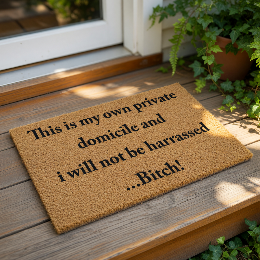 Funny rude doormat with text This is my own private domicile and i will not be harrassed...Bitch! printed in black on a natural coir fiber welcome mat, perfect for a front porch entry or a humorous home decor housewarming