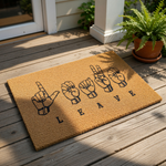 Funny sign language doormat featuring hand signs spelling out LEAVE, this natural coir fiber welcome mat is a humorous front porch decor piece for home entryways that makes a bold statement for visitors arriving at your front