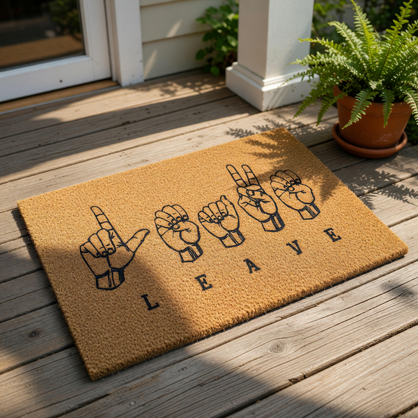 Funny sign language doormat featuring hand signs spelling out LEAVE, this natural coir fiber welcome mat is a humorous front porch decor piece for home entryways that makes a bold statement for visitors arriving at your front