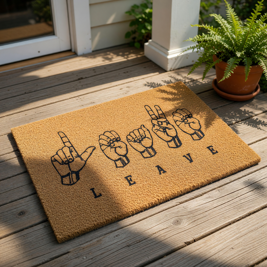 Funny sign language doormat featuring hand signs spelling out LEAVE, this natural coir fiber welcome mat is a humorous front porch decor piece for home entryways that makes a bold statement for visitors arriving at your front