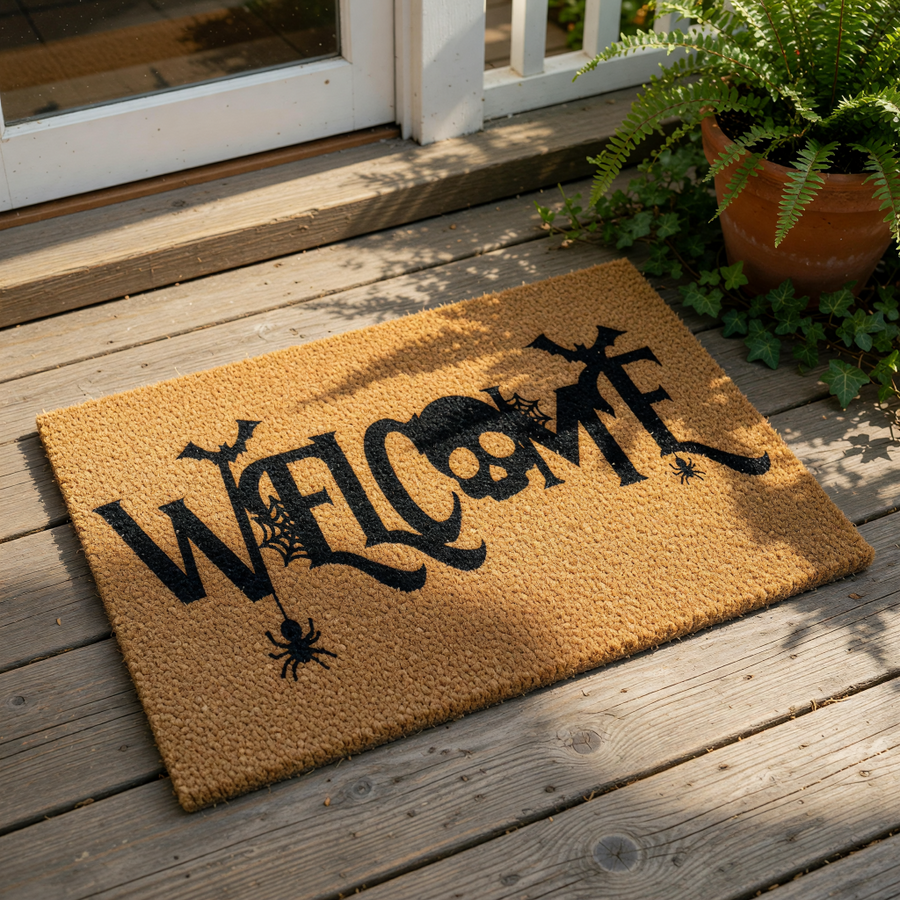 Spooky Halloween welcome doormat featuring a skull, bats, and spiders on natural coir fiber, this festive outdoor floor mat is a fun front porch decor piece for the fall season and holiday home entryway entrance.