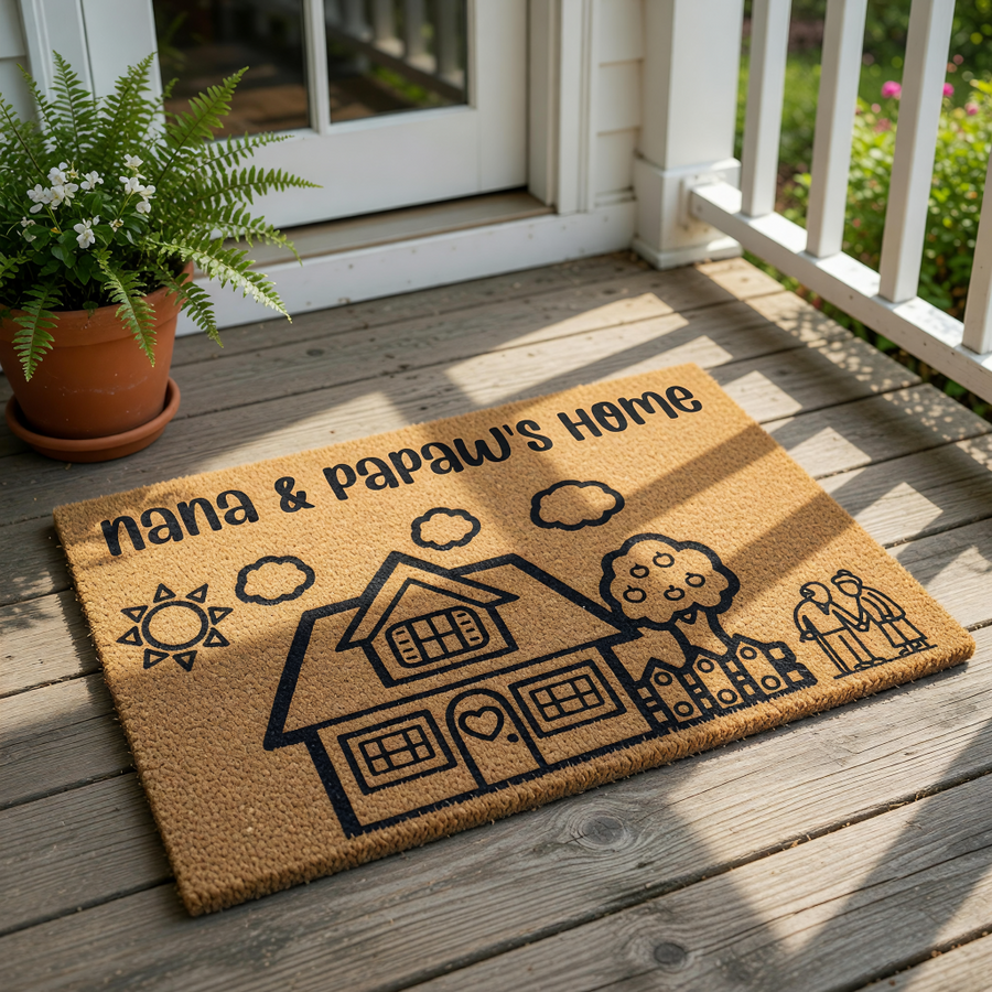 Nana and Papaw home doormat featuring a cute house illustration, sun, and clouds on a natural coir fiber welcome mat, perfect for a personalized front porch entry rug that celebrates grandparents and their cozy family home.