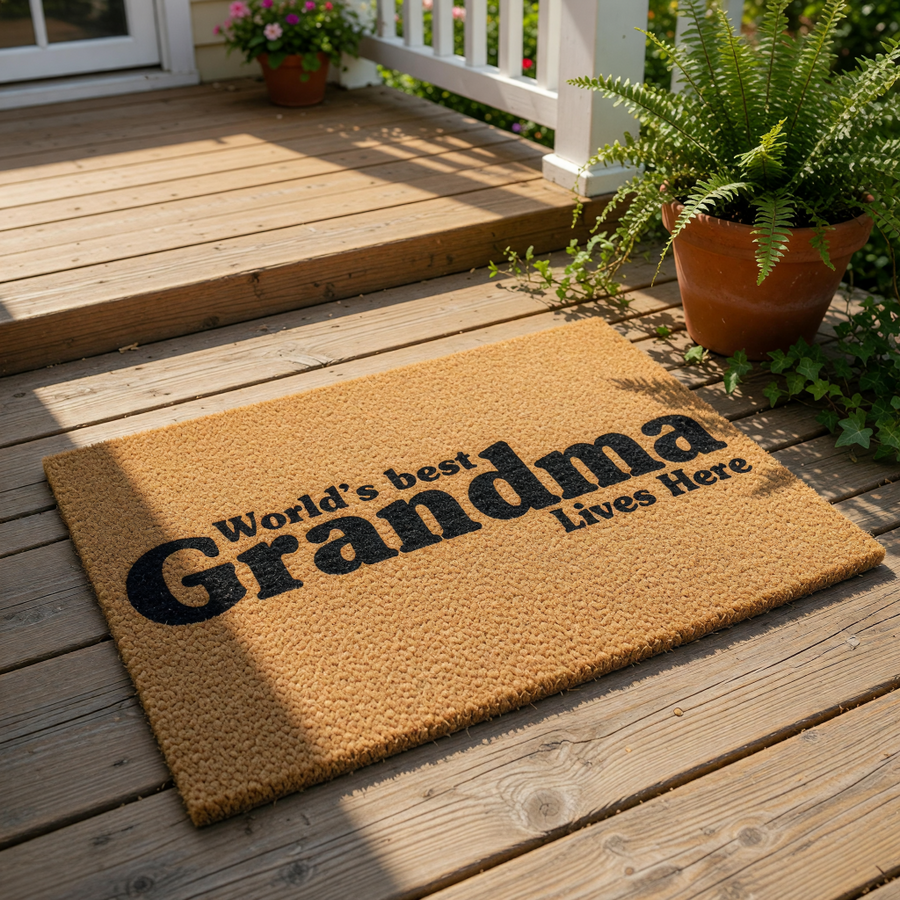 World's Best Grandma Lives Here coir doormat with natural fiber texture and bold black text, a personalized welcome mat for a front porch that makes a fun housewarming or birthday present for a beloved grandmother.