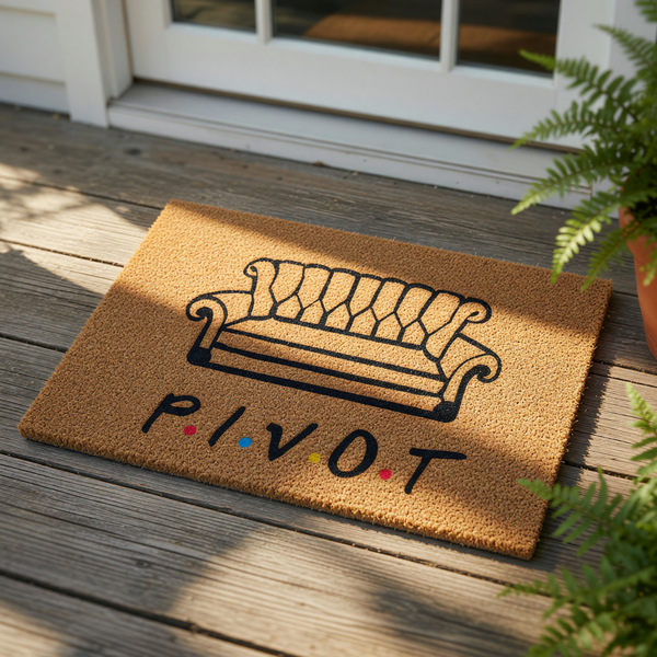 Funny couch doormat featuring a black line art illustration of a vintage sofa and the word PIVOT printed in black with colorful dots, making this natural coir fiber welcome mat a great housewarming decor piece for any apartment