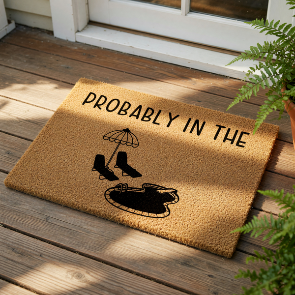Probably in the Pool doormat, a funny outdoor welcome mat featuring a summer beach umbrella, lounge chairs, and swimming pool graphic on natural coir fiber, perfect for a front porch, patio, or pool house entrance decor.