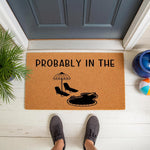 Probably in the pool doormat featuring a fun summer design with lounge chairs and an umbrella, this natural coir welcome mat is a funny outdoor rug for your front porch, patio, or pool deck entrance to greet guests with humor.