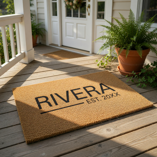 Personalized family name coir doormat featuring a custom last name and established year, this durable natural fiber welcome mat is a stylish front porch decor piece for new homeowners or a housewarming entry rug for any house.