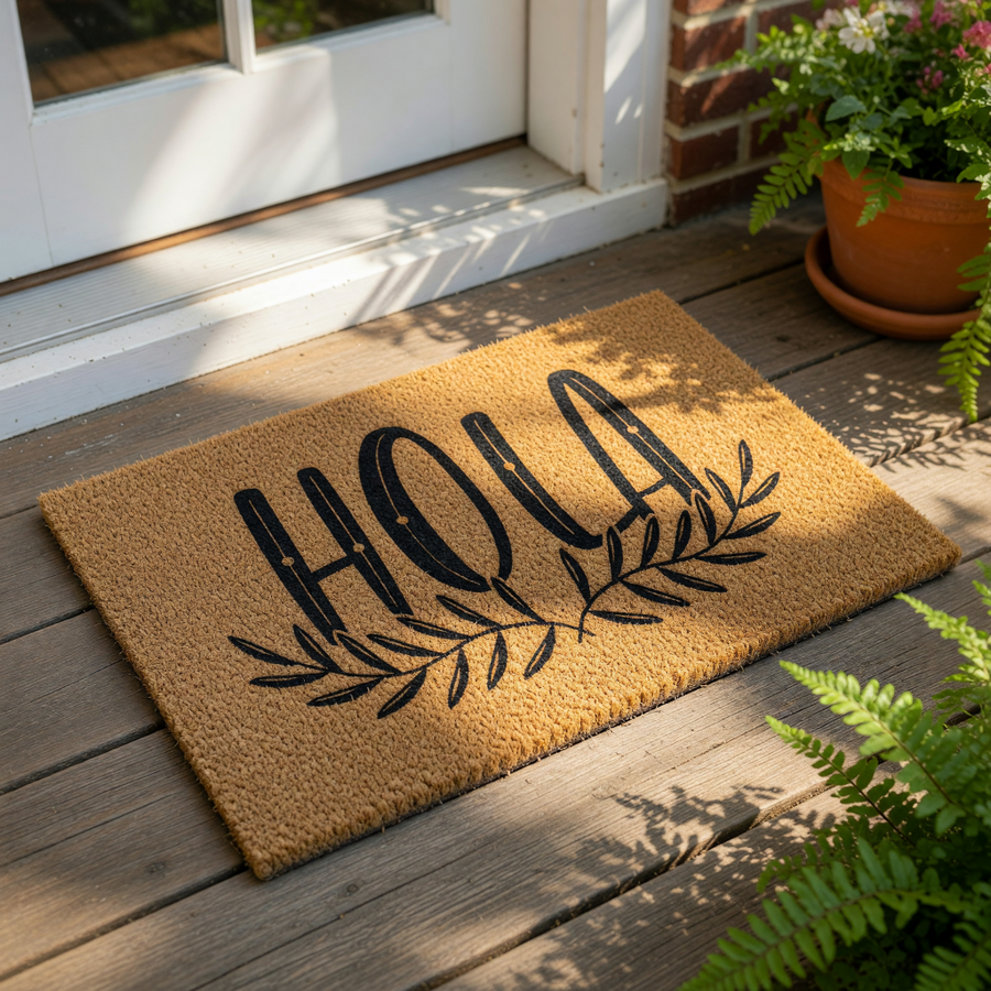 A decorative doormat with the word "Hola" printed on it, surrounded by a wreath design.