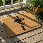 Religious cross and dove doormat featuring a black silhouette design on natural coir fiber, this faith-inspired welcome mat includes scripture text and serves as a durable outdoor floor rug for your front porch or entryway decor.