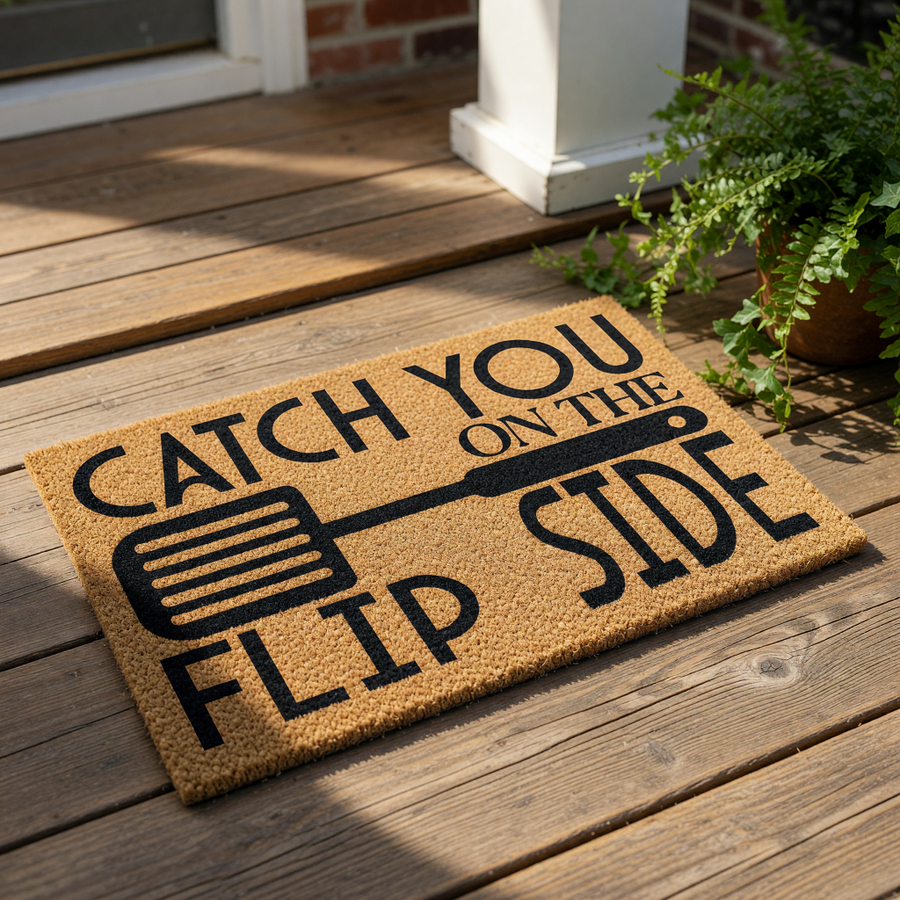 Funny kitchen doormat with spatula graphic and text reading Catch You On The Flip Side, a natural coir fiber welcome mat for home entryways, front porch decor, or a housewarming present for cooking enthusiasts and food lovers.