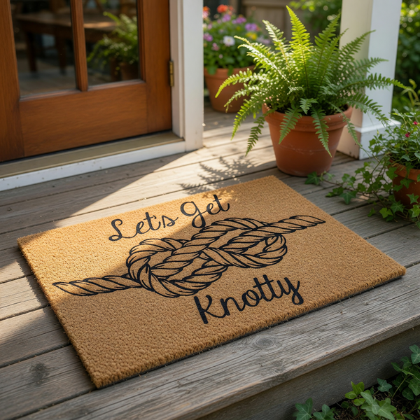 Nautical rope doormat with a funny Let's Get Knotty pun design, featuring a black printed rope knot graphic on a natural coir fiber welcome mat for a coastal home entrance or a humorous housewarming gift for a beach house decor