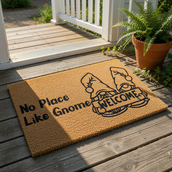 No Place Like Gnome welcome doormat featuring two cute gnomes holding a sign on a natural coir fiber mat, perfect for a front porch entry, housewarming decor, or a fun outdoor floor rug for your home entrance and entryway.