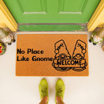 No Place Like Gnome welcome doormat featuring two cute garden gnomes holding a sign, this natural coir fiber outdoor floor mat adds a whimsical touch to your front porch decor and entryway for a fun, inviting home entrance look.