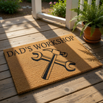 Dad's Workshop coir doormat featuring a hammer and wrench design, this durable outdoor welcome mat is a fun garage or shop floor decor piece for any handyman, father, or DIY enthusiast looking for personalized home entryway