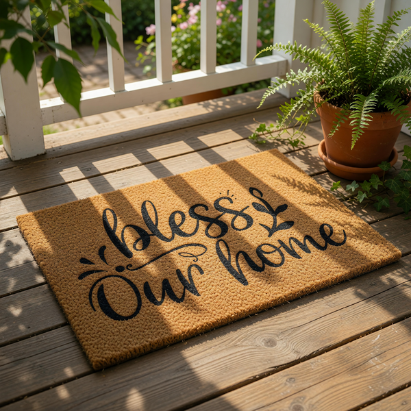 Bless Our Home coir doormat with black script lettering on a natural fiber rug, this farmhouse style welcome mat is a durable outdoor floor mat for your front porch entry, creating a warm and inviting entrance for every house
