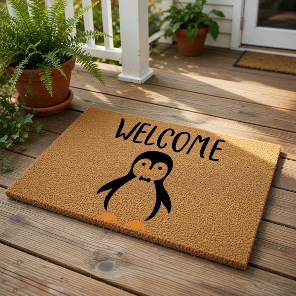 Penguin welcome doormat featuring a cute black and white penguin illustration on a natural coir fiber mat, this outdoor entrance rug is a fun front porch decor piece for animal lovers and makes a charming housewarming entry floor