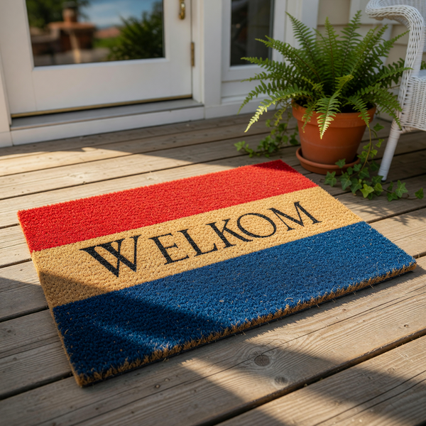 Welkom coir doormat featuring a tricolor flag design with red, natural tan, and blue stripes, this durable outdoor welcome mat is a functional front porch decor piece for your home entrance and a stylish way to greet your guests.