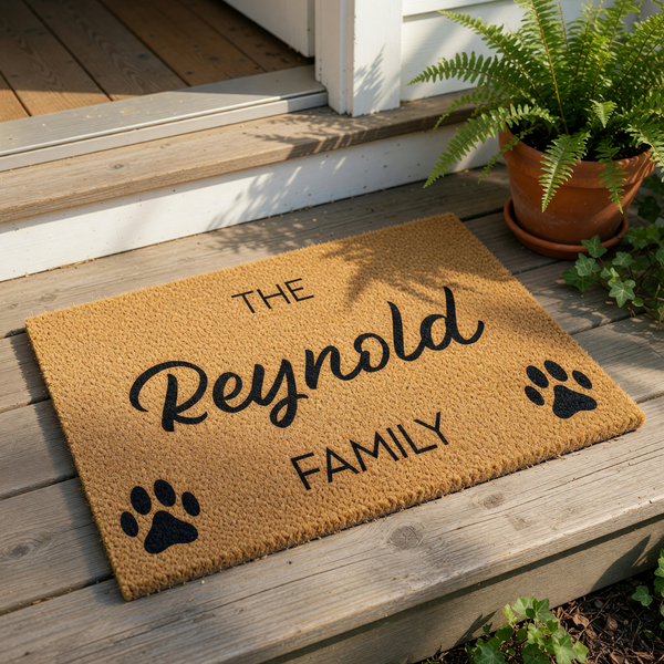 Personalized family name doormat with paw prints, featuring a natural coir fiber welcome mat design for pet lovers, custom last name floor rug for front porch entry, durable outdoor entrance mat for dog or cat owners home decor.