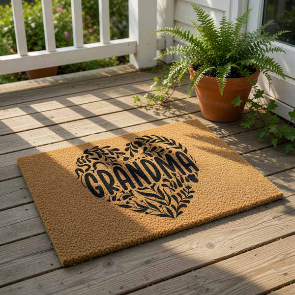 Grandma coir doormat featuring a black heart design made of leaves and vines, this natural fiber welcome mat is a stylish front porch decor piece for a home entrance, perfect for a housewarming or family celebration.