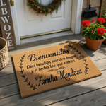Personalized Spanish welcome doormat featuring a natural coir texture with black printed text that reads Bienvenidos and includes a decorative laurel leaf border design, making it a welcoming addition to any front porch or