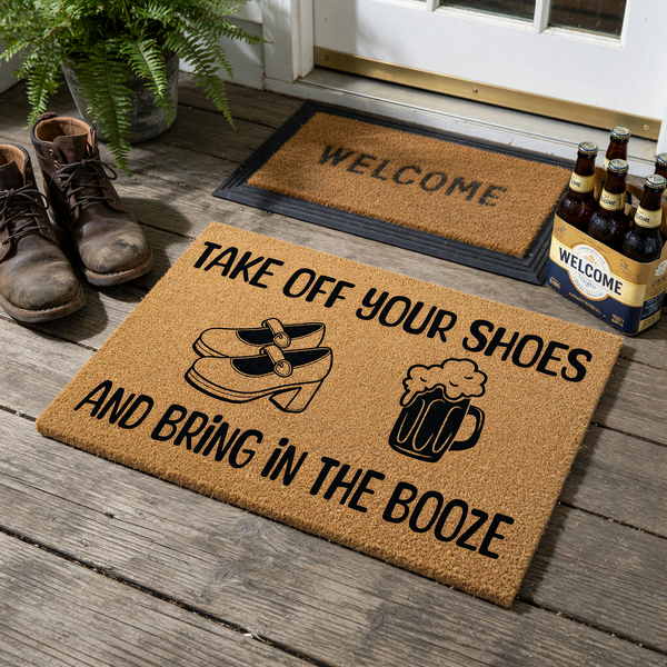 Funny Take Off Your Shoes and Bring in the Booze coir doormat featuring black printed text, a pair of illustrated heels, and a frothy beer mug on a natural tan fiber background, creating a humorous welcome mat for your front
