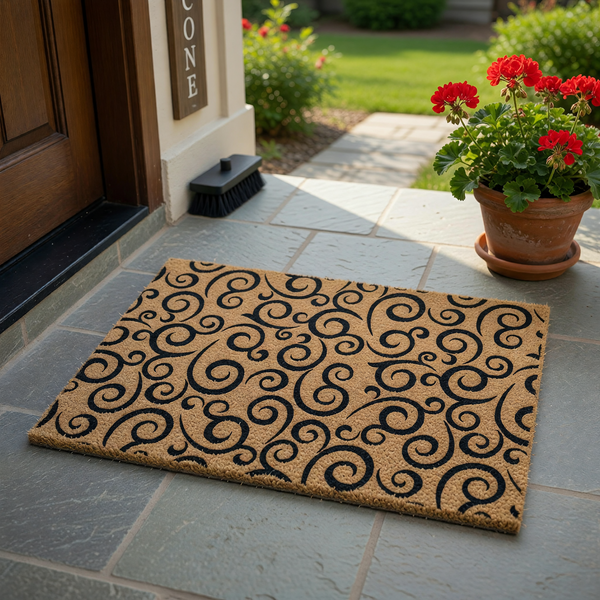 Black Swirl Pattern Coir Doormat featuring a natural tan fiber texture with a repeating elegant black scrollwork design, providing a durable and stylish entryway floor covering for your home porch or front door area.