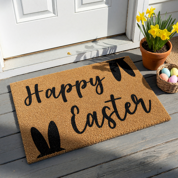 Happy Easter coir doormat featuring black script lettering and cute bunny ear silhouettes on a natural brown fiber background, creating a festive spring entryway decoration for your front porch or home entrance during the holiday.