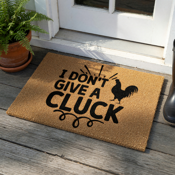 Funny Chicken Doormat featuring a natural coir texture and bold black text that reads I Don't Give A Cluck, accompanied by a silhouette of a rooster, making it a humorous farmhouse style welcome mat for your front porch or
