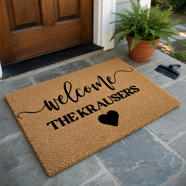 Personalized Family Name Welcome Doormat featuring a natural coir texture with black script text that reads welcome, a custom family name, and a simple heart icon centered at the bottom for a classic farmhouse entryway decor
