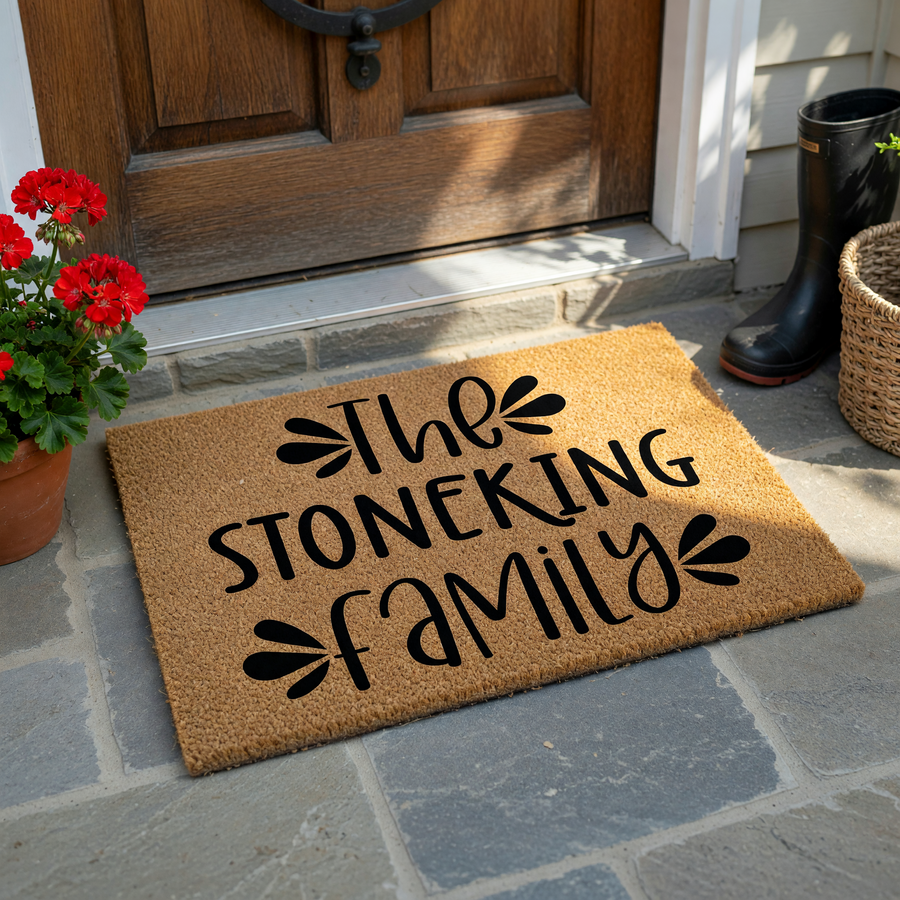 Personalized family name coir doormat featuring the text The Family in bold black lettering on a natural tan fiber background, creating a welcoming entrance decor piece for any home porch or front door entryway.