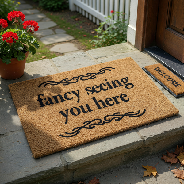 Fancy Seeing You Here coir doormat featuring a natural brown fiber texture and black printed text with decorative scrollwork accents, designed as a welcoming front porch entrance mat for a modern home or apartment entryway decor.