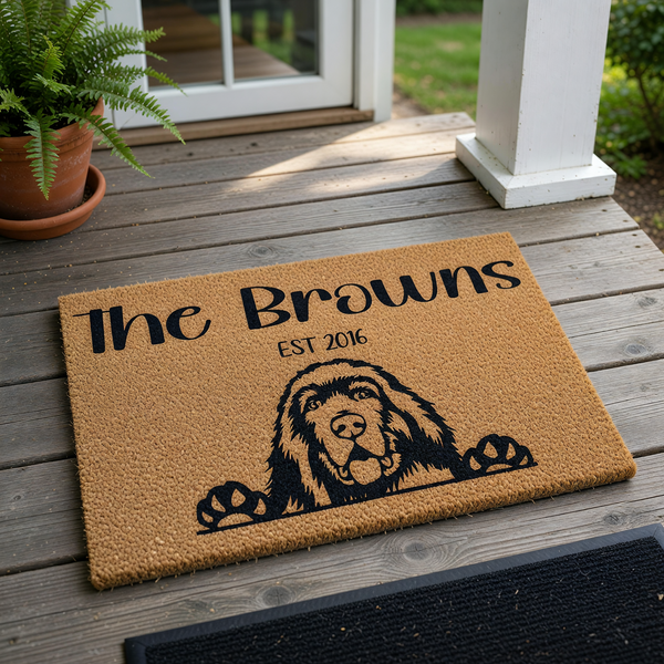 Personalized Newfoundland Dog Doormat featuring a custom family name and established year printed in black on a natural coir fiber mat, showcasing a cute dog peeking over the bottom edge for a charming entryway decor accent.