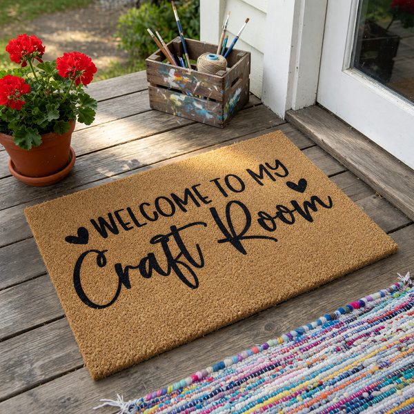 Welcome to My Craft Room Coir Doormat featuring a natural brown fiber texture with bold black lettering and small heart accents, creating a fun and inviting entrance piece for any dedicated hobby space or creative home studio