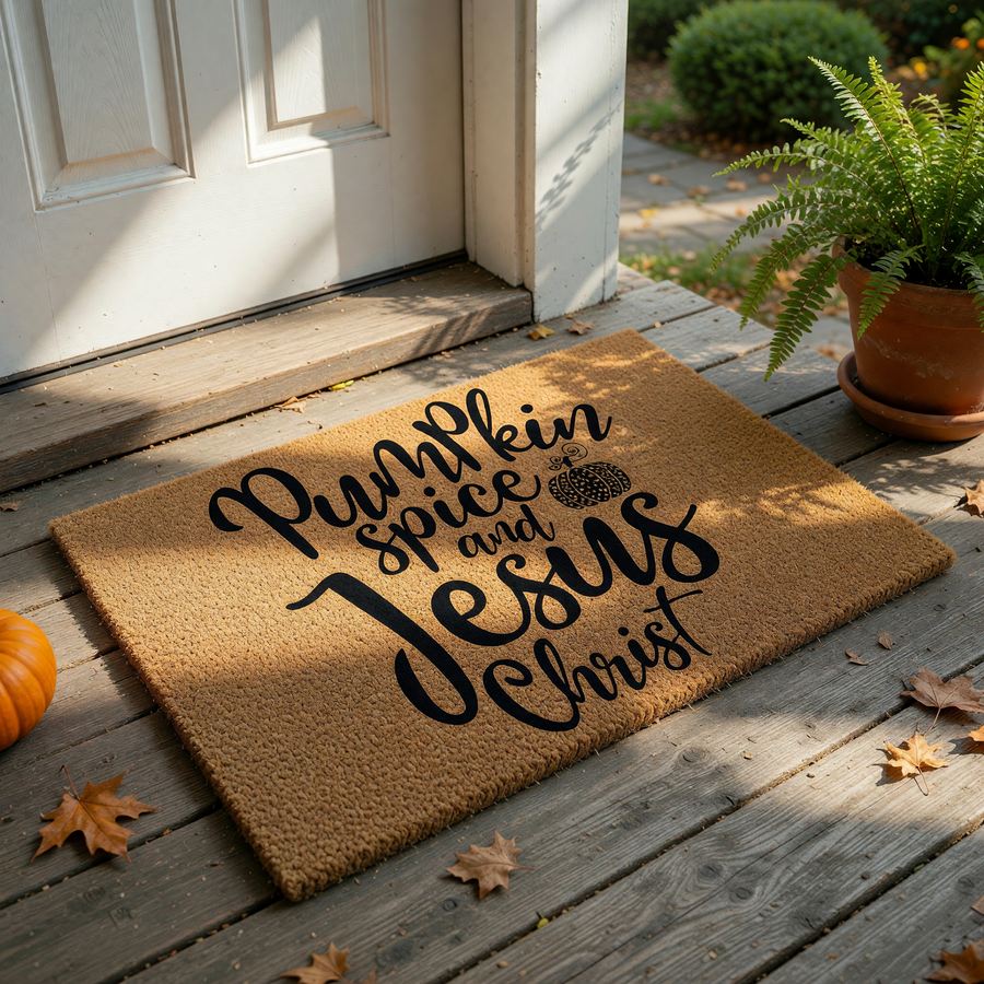 Pumpkin Spice and Jesus Christ coir doormat featuring bold black cursive lettering and a small decorative pumpkin icon, providing a festive and faith-inspired welcome for your front porch during the cozy autumn fall season.