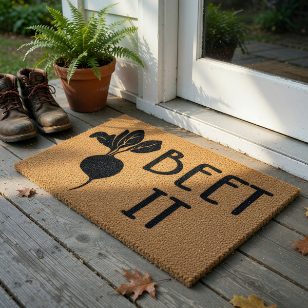 Beet It funny vegetable doormat featuring a black graphic of a garden beet on a natural coir fiber background, providing a humorous welcome for your front porch or entryway with its clever pun and rustic, durable outdoor mat