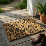 Floral Pattern Coir Doormat featuring a natural tan fiber texture with a bold black botanical print of blooming flowers and leafy vines, creating a classic and elegant entryway decor piece for your home front porch or door