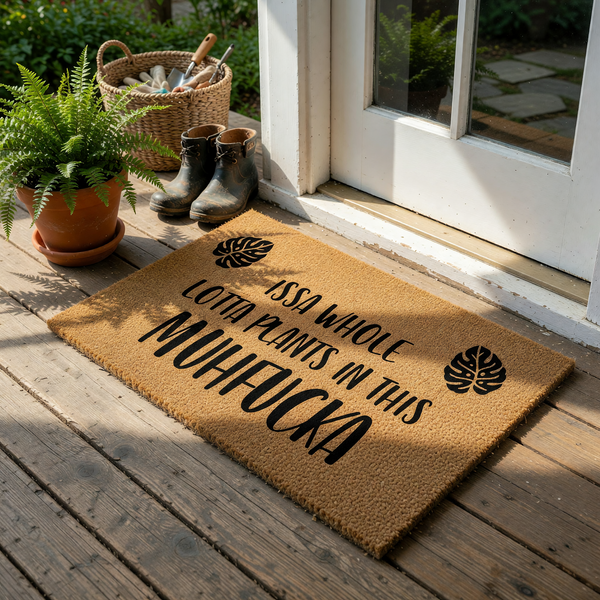 Funny plant lover coir doormat featuring black text that reads Issa Whole Lotta Plants In This Muhfucka, accented by two tropical monstera leaf illustrations on a natural brown fiber background for a humorous home entryway decor.