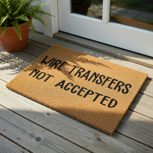 Funny Wire Transfers Not Accepted doormat made of natural coir fiber with a clean, minimalist design, featuring bold black lettering centered on a textured brown background for a humorous and functional front porch entryway decor