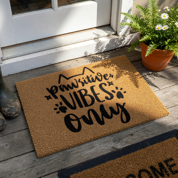 Pawsitive Vibes Only cat doormat made of natural coir fiber, featuring black printed text with cute cat ears and paw print accents on a simple white background for a fun and welcoming entryway decor for any pet lover home.