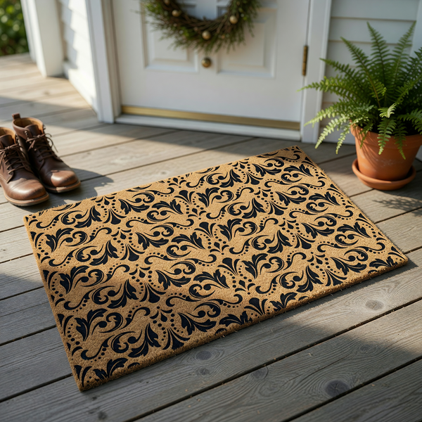 Damask Pattern Coir Doormat featuring a classic black ornate scrollwork design printed onto a natural brown coconut fiber mat, providing a sophisticated and elegant entryway accent for your home against a clean white background.