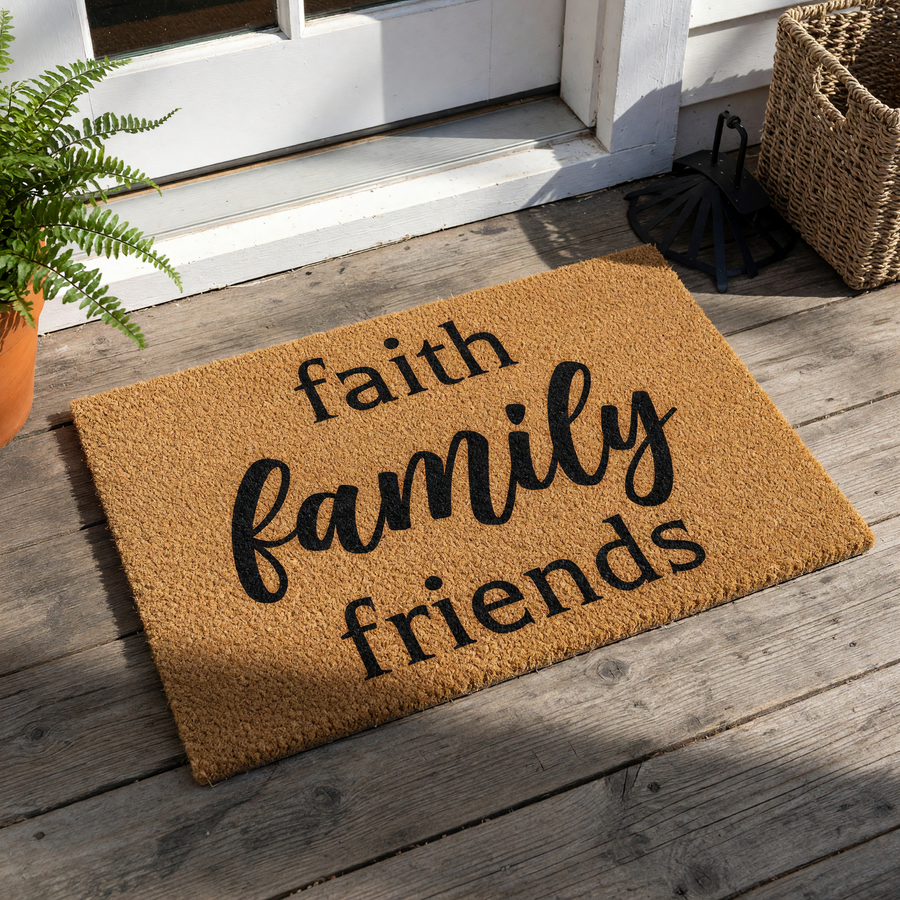 Faith Family Friends Coir Doormat featuring a natural tan fiber texture with bold black lettering centered on the mat, creating a welcoming and rustic entryway decor piece for your home porch or front door area.