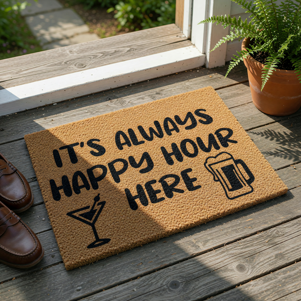 It's Always Happy Hour Here coir doormat featuring bold black text and icons of a martini glass and a beer mug, providing a fun and welcoming entrance decor piece for your front porch or home entryway on a plain white background.