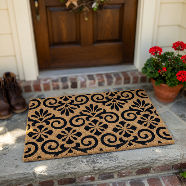 Damask Pattern Coir Doormat featuring a natural tan fiber background with a bold black printed floral scroll design, providing a classic and elegant entryway accent for a home porch or front door area on a clean white studio