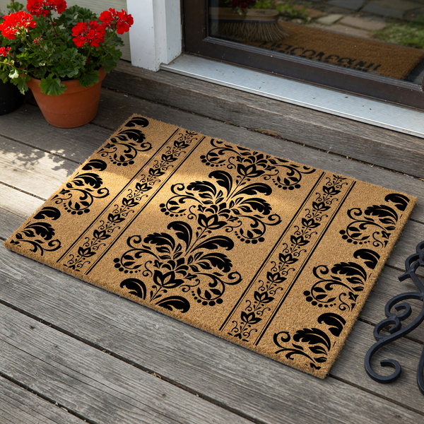 Damask Pattern Coir Doormat featuring a natural tan fiber texture with a bold black printed floral damask design, creating a sophisticated and elegant entryway accent for your home porch or front door decor on a clean white