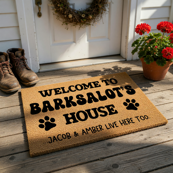 Personalized Dog Welcome Doormat featuring a natural coir texture with bold black text that reads Welcome to Barksalot's House, accented by two paw prints and a playful note about the humans who live there too on a clean white