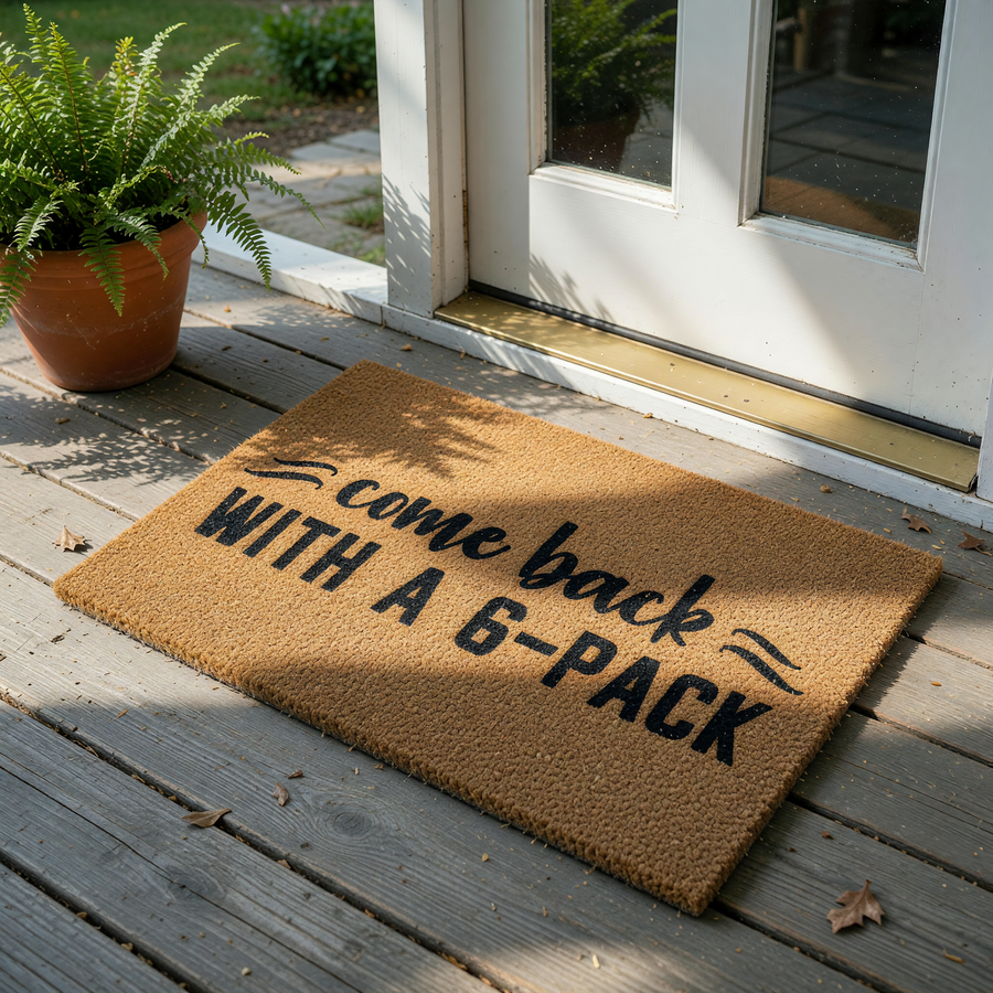 Funny Come Back With A 6-Pack doormat made of natural coir fiber with a rectangular shape, featuring bold black text centered on the mat that adds a humorous and welcoming touch to any front porch or entryway decor.