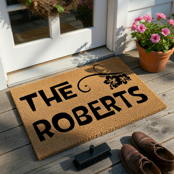Personalized Family Name Coir Doormat featuring a natural tan fiber texture with bold black lettering that reads The Roberts, accented by a decorative tropical hibiscus flower design on a clean white studio background.